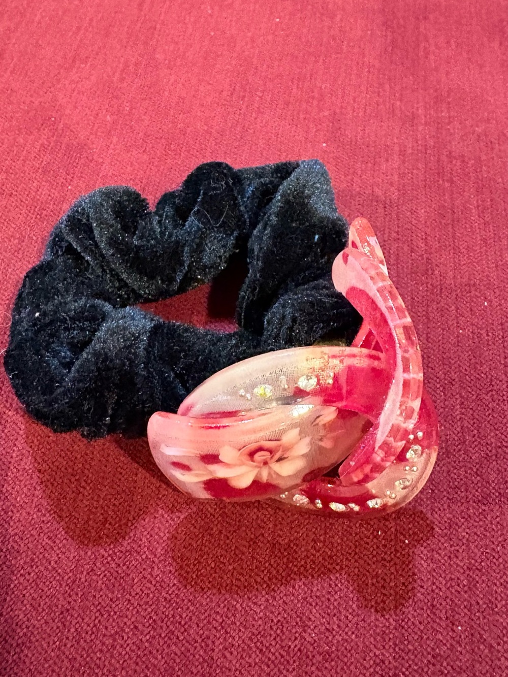 Never Use Black Velvet Hair Tie with Rose w/Diamanté Resin Ornament